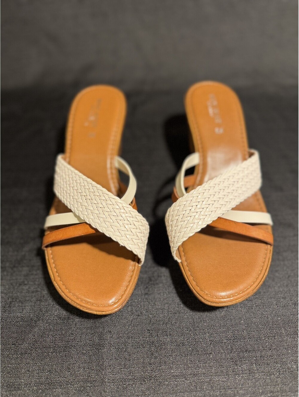 Nine West Beachhouse Wedge Sandals 8M Made Italy Braided Strappy Tan Cream